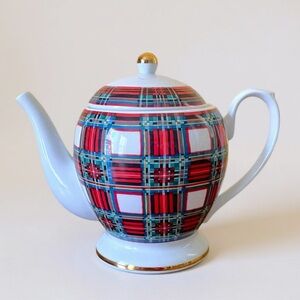 Williams Sonoma Stuart Dress Tartan Teapot White Red Gold Holiday 4 Cup Japan